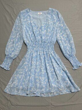 Q+A Los Angeles Blue Floral Dress Small Smocked Waist Mini Cottagecore